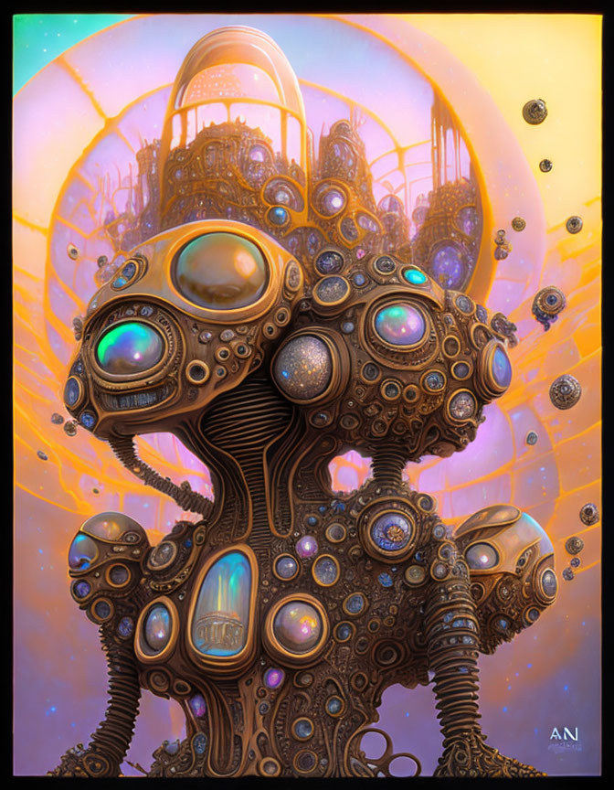 Futuristic surreal structure with spherical elements under warm amber sky