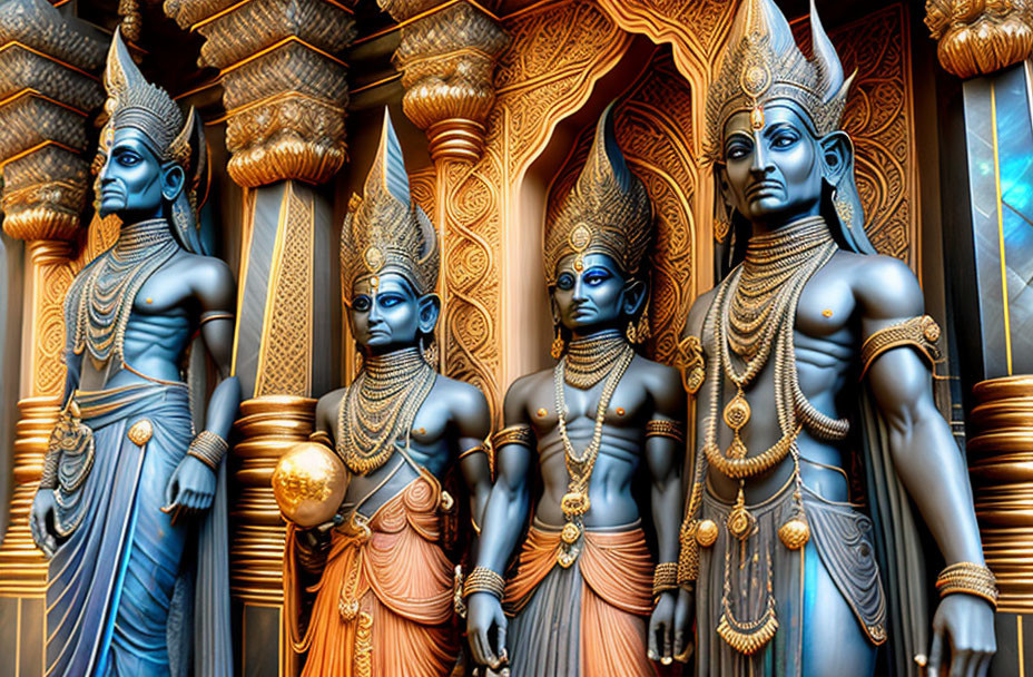 Ornate Blue and Gold Hindu Deity Statues with Detailed Carvings