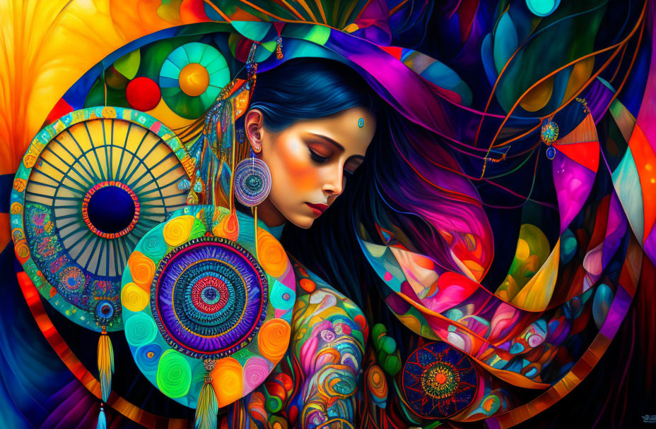 Colorful digital artwork of woman with flowing hair and dreamcatcher patterns