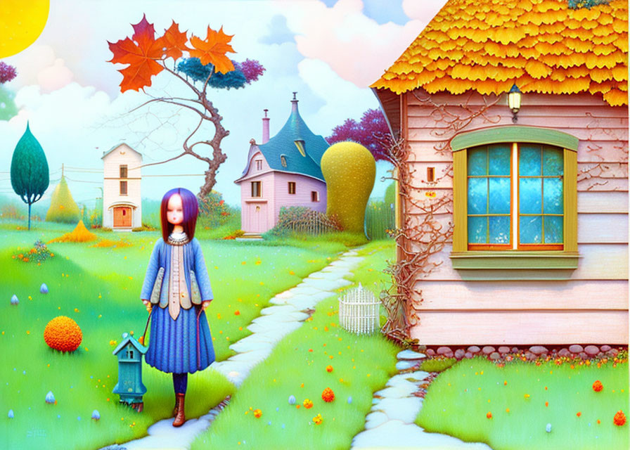 Vibrant illustration: young girl near whimsical house in fantasy landscape