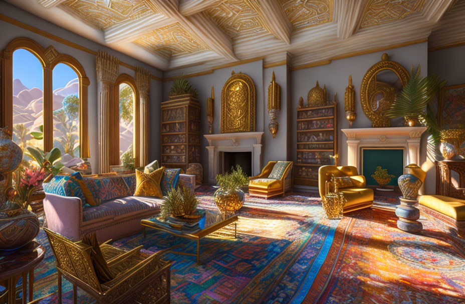 Luxurious Room with Golden Details, Bookshelves, Fireplace, and Desert View