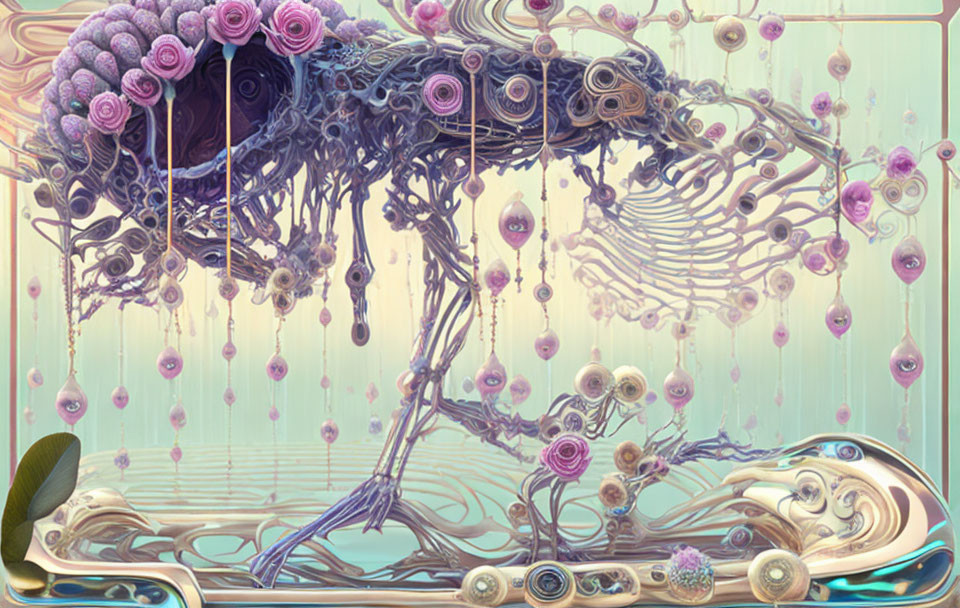 Surreal skull art with floral and abstract neural elements on textured pastel background