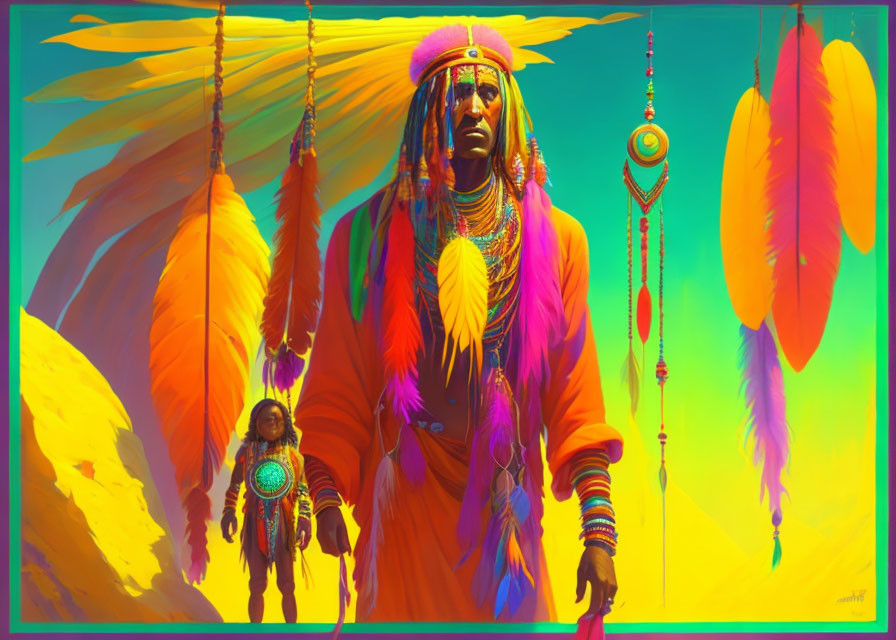 Colorful digital artwork of figure in Native American regalia with feathers, beads, and dreamcatchers