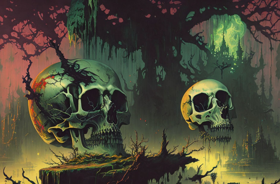 Dark Fantasy Landscape with Large Skulls and Haunting Green Glow