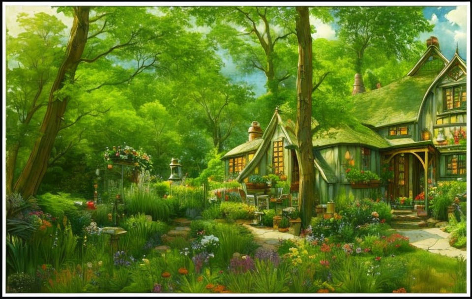 Thatched Roof Cottage in Lush Garden with Flowers