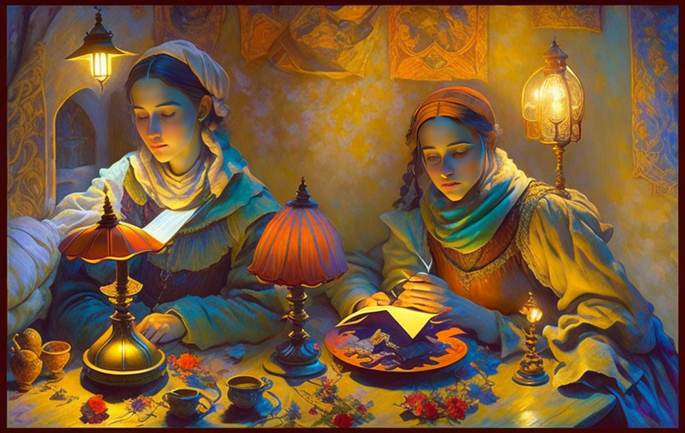 Cozy Room with Two Women Reading Books by Lamplight