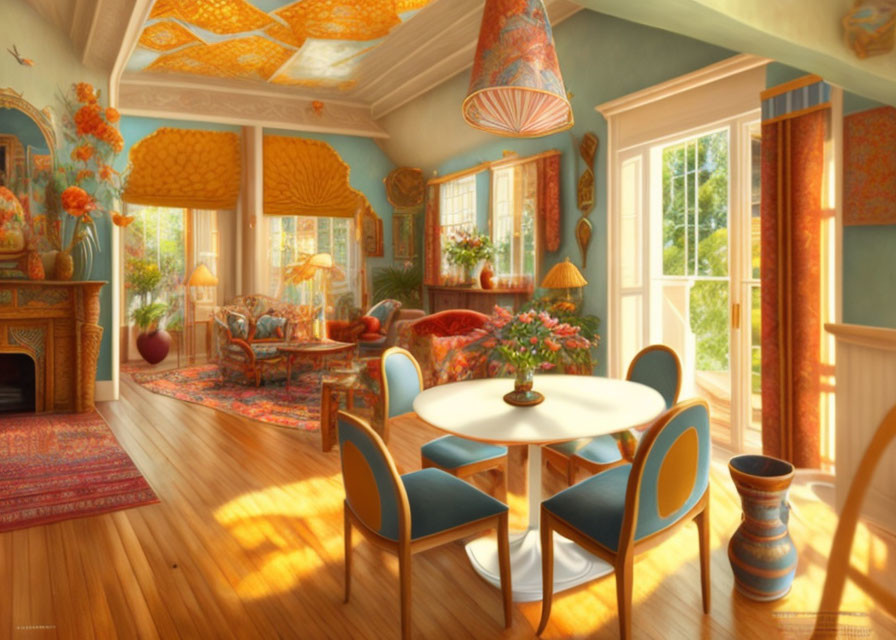 Cozy sunlit living room with fireplace, floral decor, dining table, orange chairs