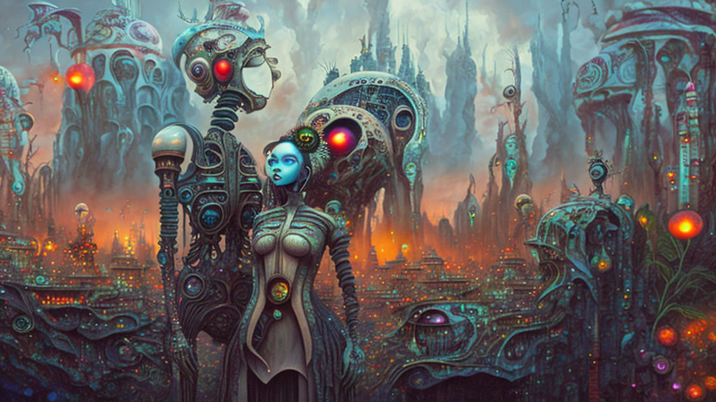 Futuristic humanoid robot in intricate design against alien cityscape