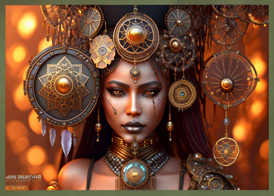 Steampunk-inspired digital art of woman with elaborate metallic jewelry
