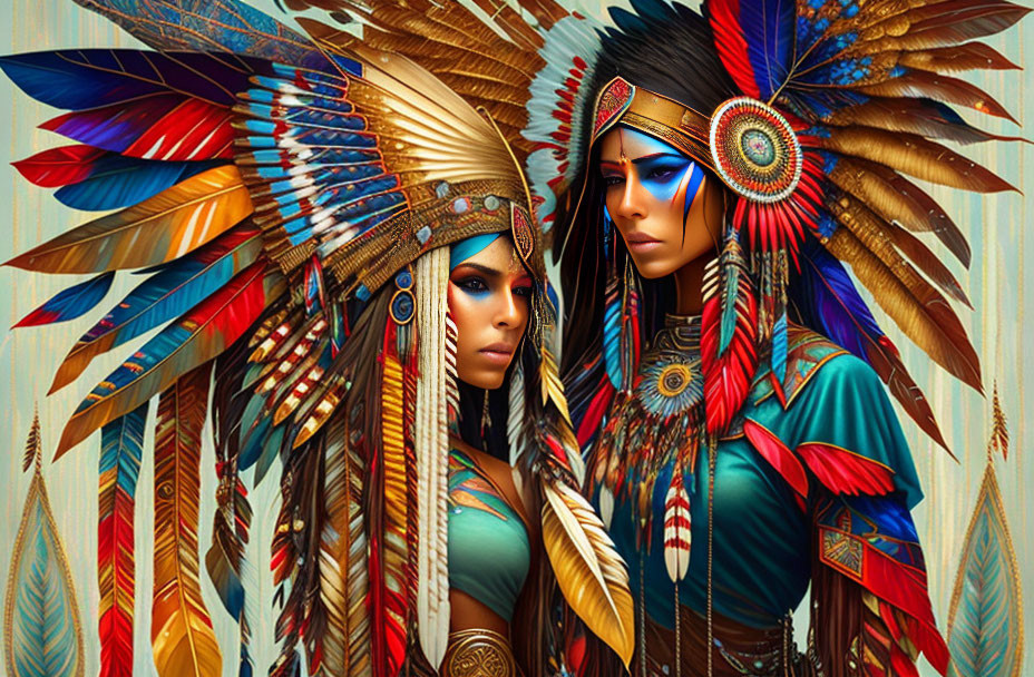 Two people in colorful Native American headdresses with feather patterns and beadwork.