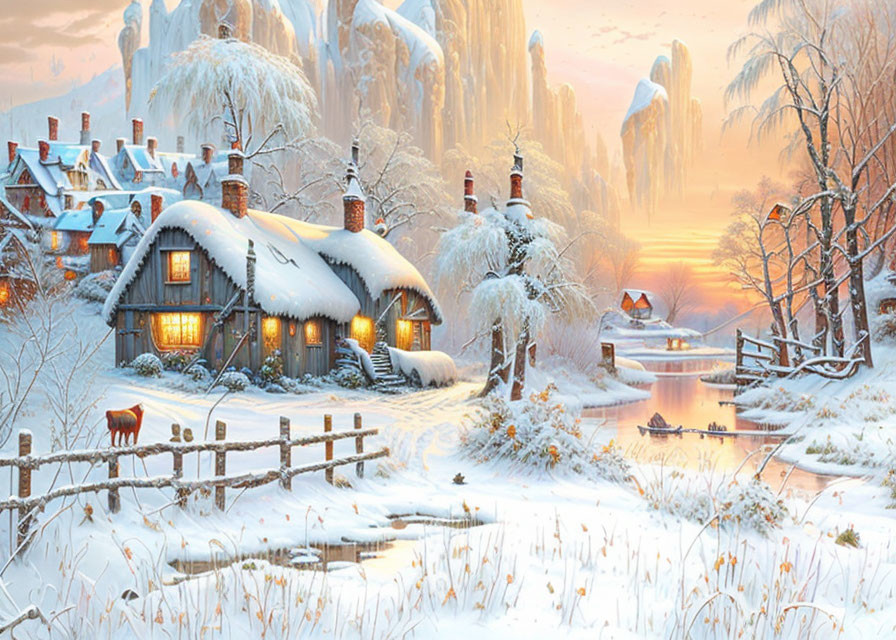 Snow-covered cottages, frozen river, deer, warm sunset glow in serene winter landscape