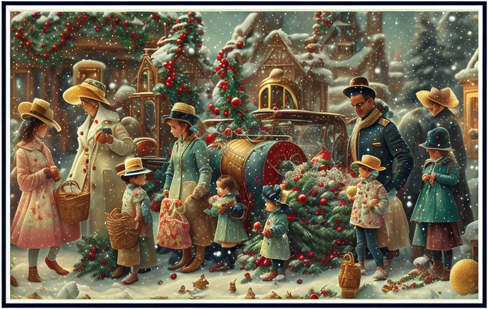 Elegant Vintage Christmas Scene with People and Barrel Organ