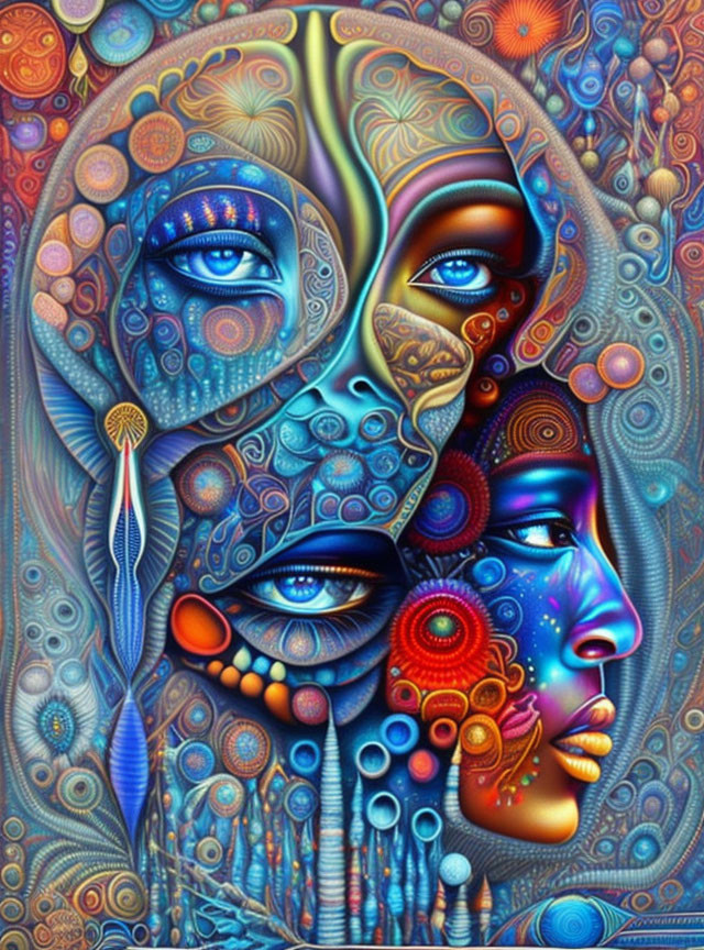 Colorful Surrealist Artwork: Overlapping Faces with Intricate Patterns