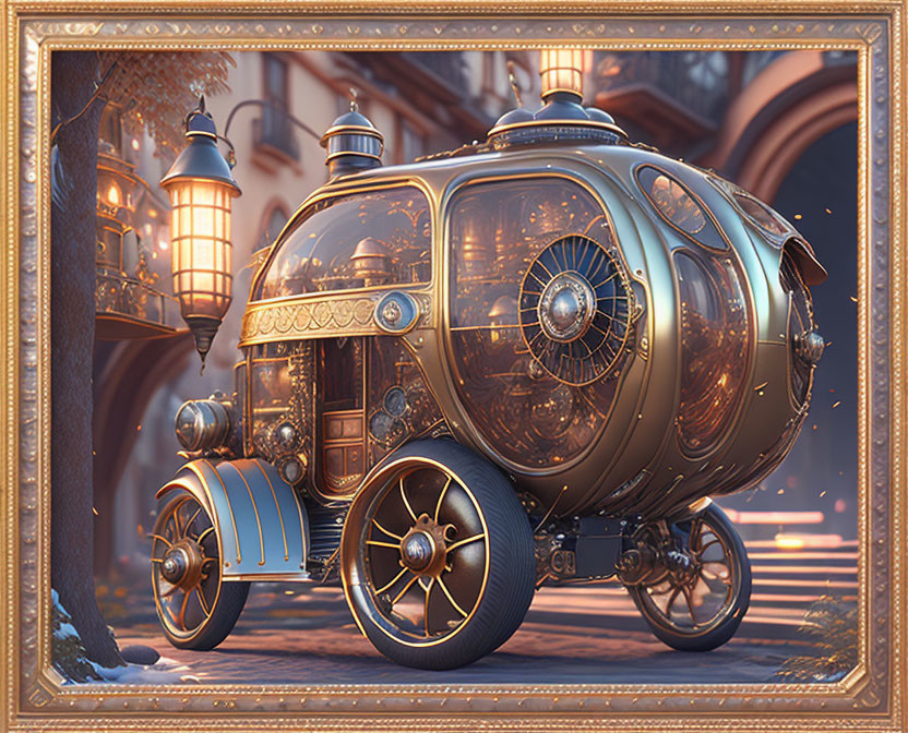 Steampunk-inspired vehicle with intricate metallic details on cobbled street at dusk