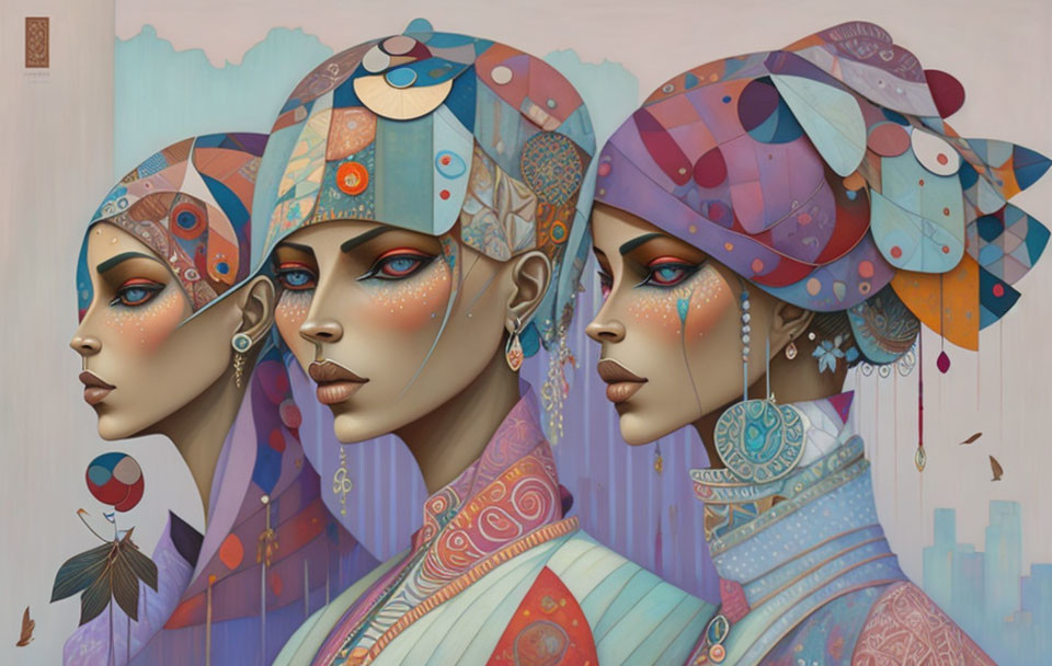 Vibrant portrayal of three women in colorful headdresses