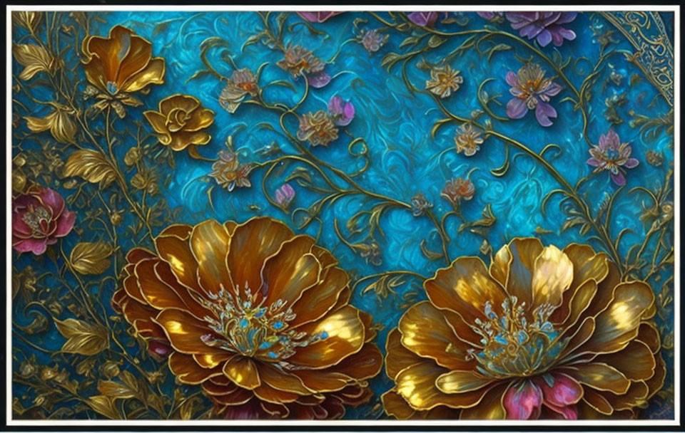 Floral painting with gold flowers on turquoise background