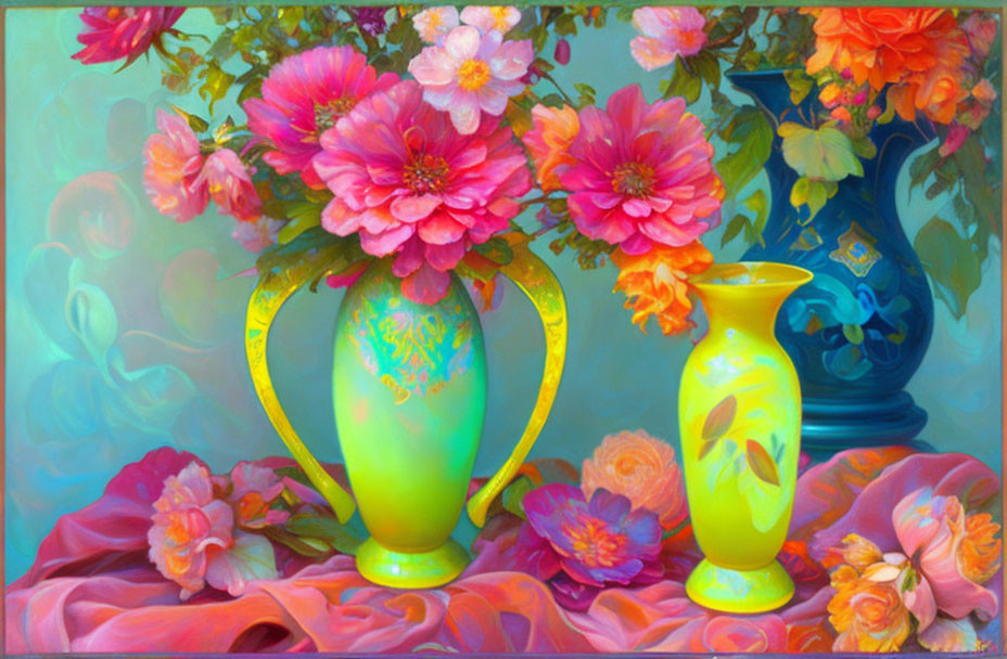 Colorful Still Life Painting with Pink Flowers and Vases