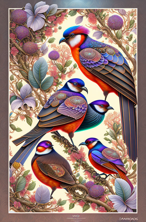 Colorful digital artwork: Stylized birds on floral branches