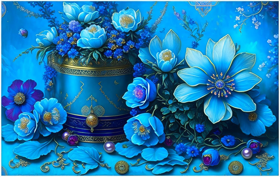 Blue Flowers, Jewelry, and Pearls on Deep Blue Background