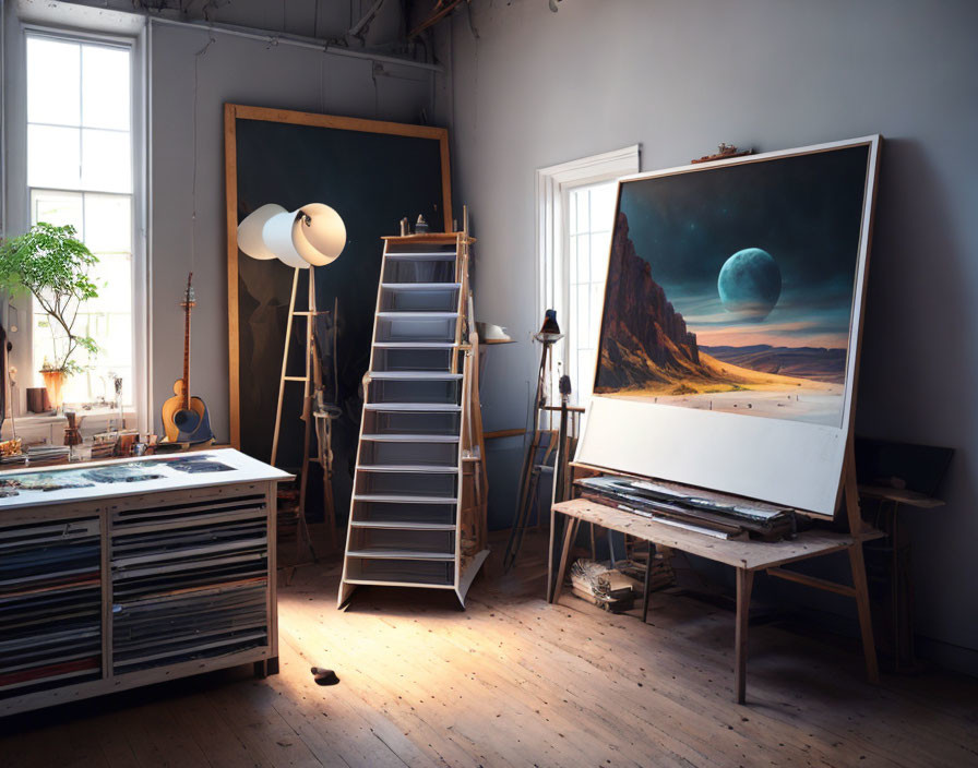 Spacious artist's studio with large windows, easels, drawing tools, and guitar.