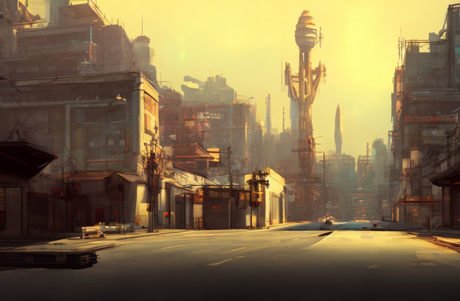 Futuristic cityscape with towering buildings and flying cars