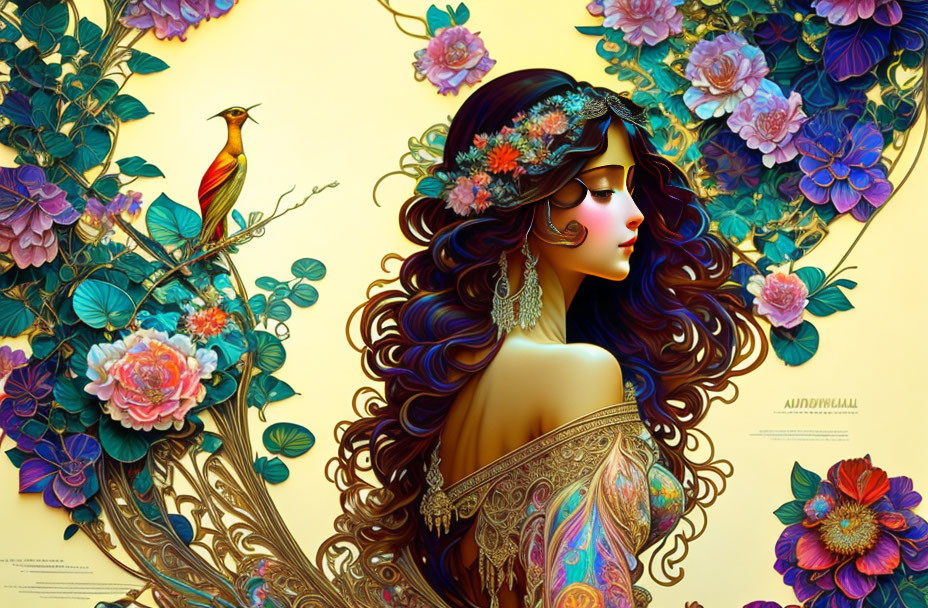 Illustrated woman with flowing hair and floral headband surrounded by colorful flowers and bird.