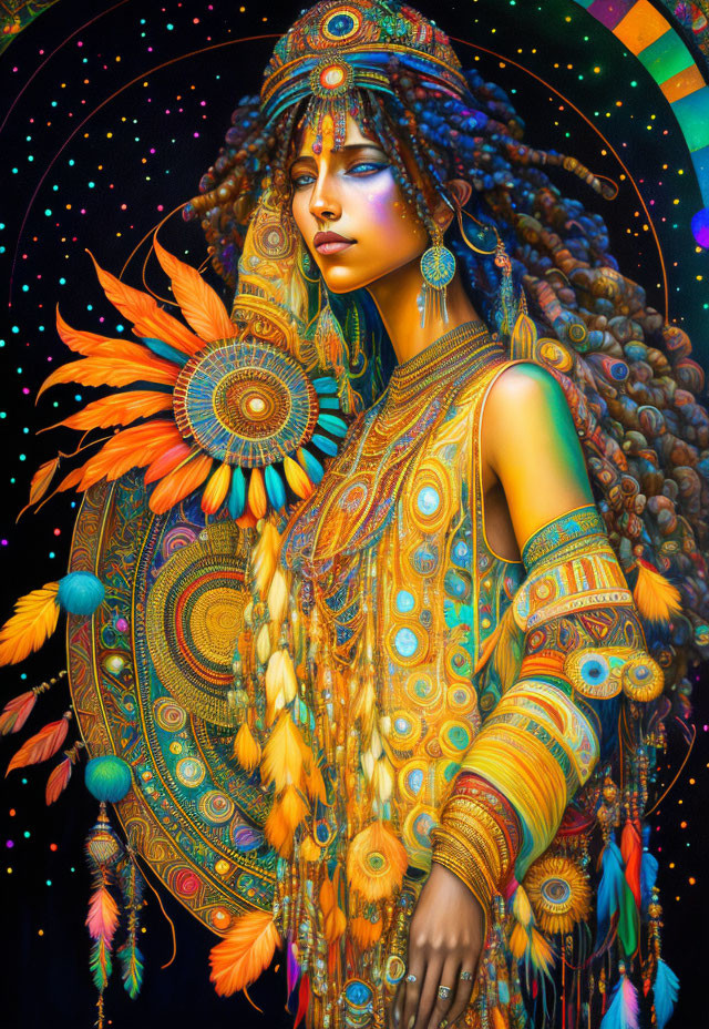 Colorful Illustration of Woman with Ornate Jewelry and Bohemian Style