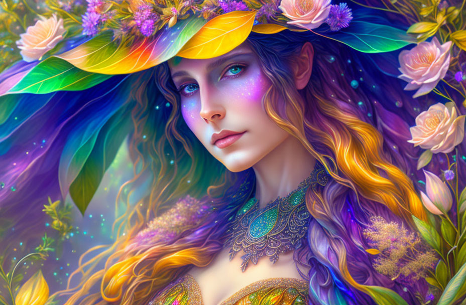 Portrait of woman with purple hair and floral hat in lush setting.