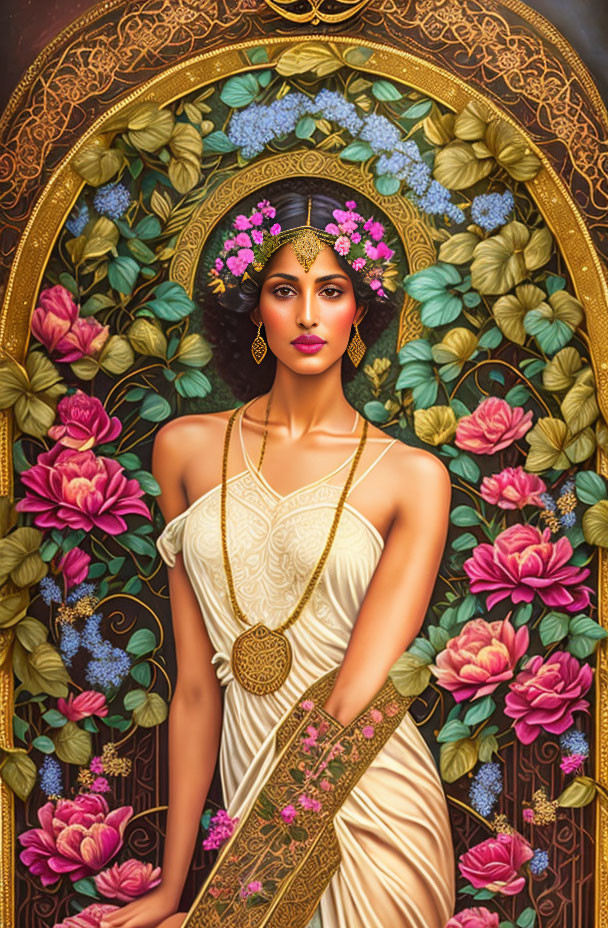 Illustrated portrait of woman with flower headpiece and gold jewelry against Art Nouveau floral backdrop