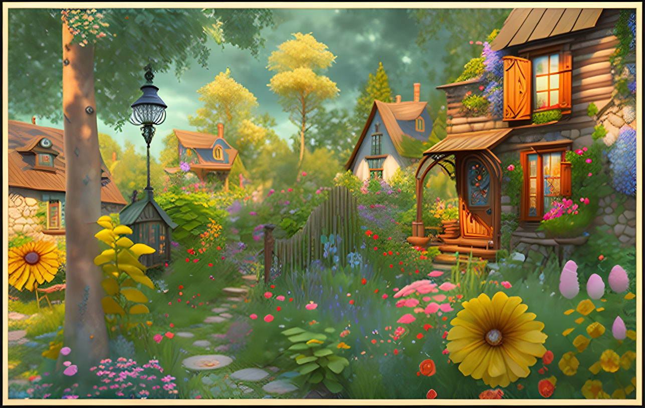 Charming village scene with cozy cottages, lush gardens, blooming flowers, and vintage street lamp