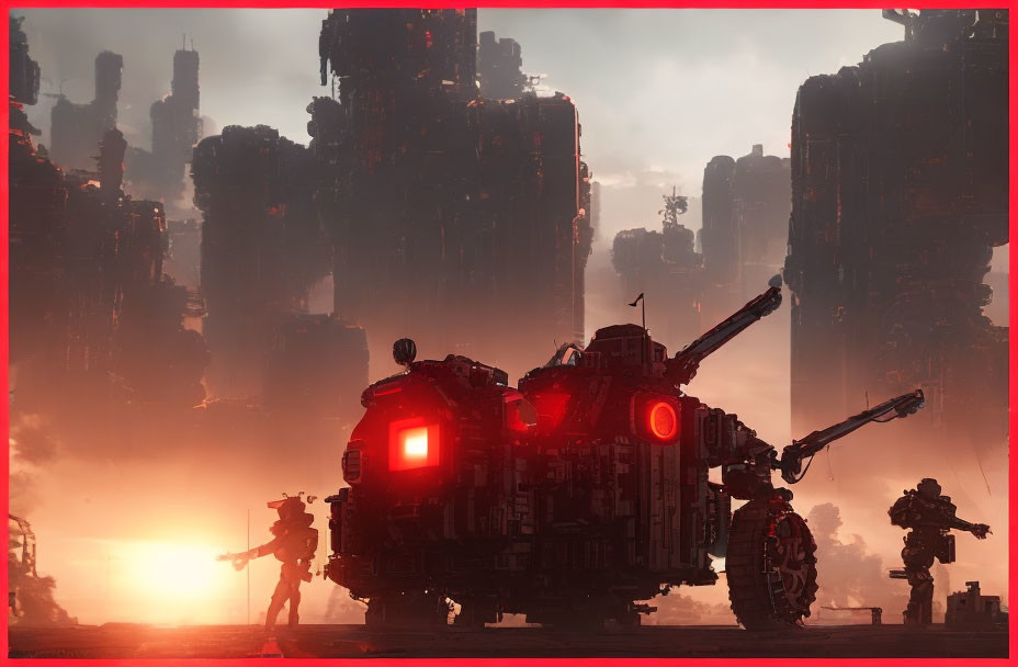 Sci-fi soldiers and giant mechanized walker in futuristic city ruins under red sky