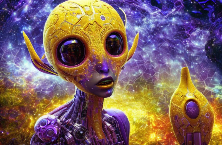 Detailed Golden Humanoid Alien Holding Artifact in Cosmic Nebula