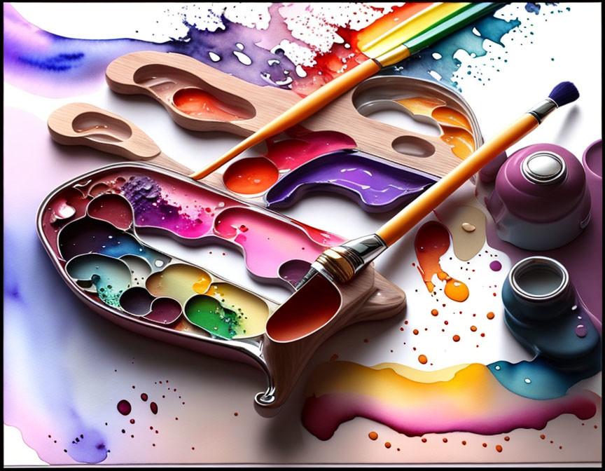 Vibrant paint splashes and brushes on colorful palette