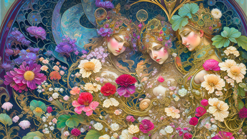 Ethereal female figures with golden headpieces in floral setting