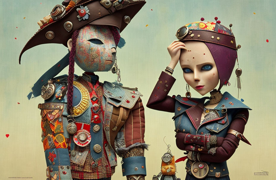 Steampunk-styled animated characters in ornate outfits with mechanical elements