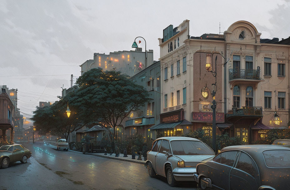 Vintage cars and classic buildings in urban twilight scene.