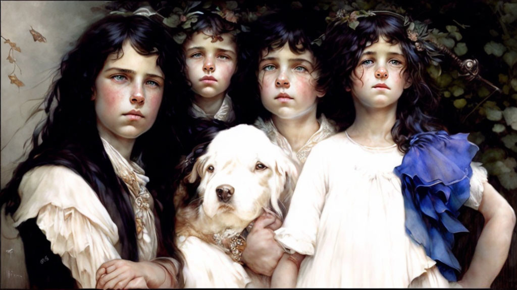 Realistic painting of four children and a white dog in somber tones