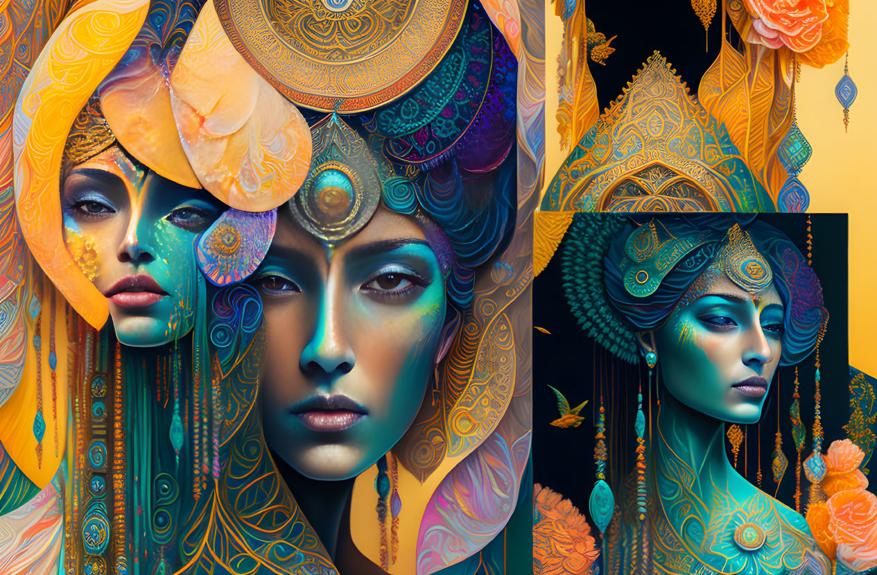 Colorful digital artwork of two stylized female figures with ornate headdresses and intricate facial patterns on