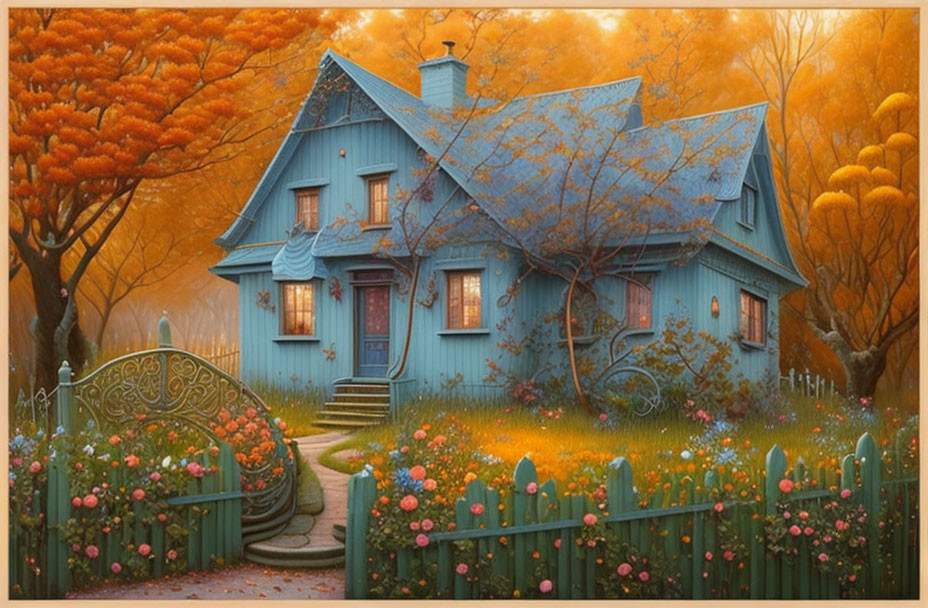 Blue Cottage Surrounded by Autumn Trees and Flowers