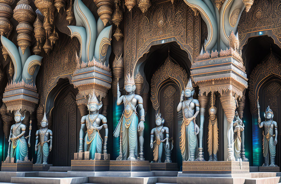 Ornate Dark Archways & Blue Humanoid Figures: Cultural Temple Facade