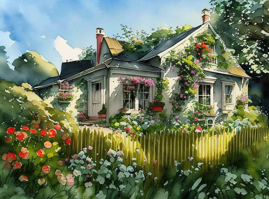 Charming cottage with colorful garden and wooden fence