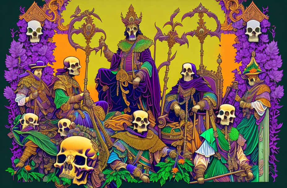 Colorful Skeleton King Artwork with Intricate Golden Details