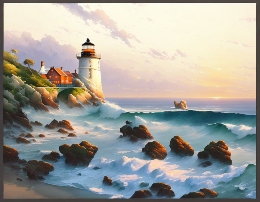 Tranquil sunset seascape with lighthouse on rocky shore