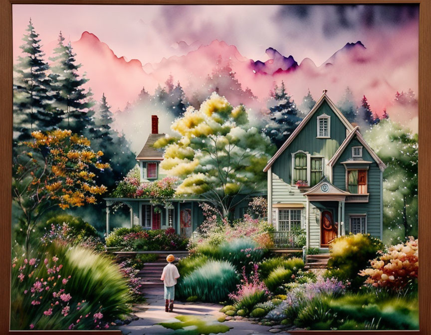 Scenic painting of person walking to quaint house in lush garden