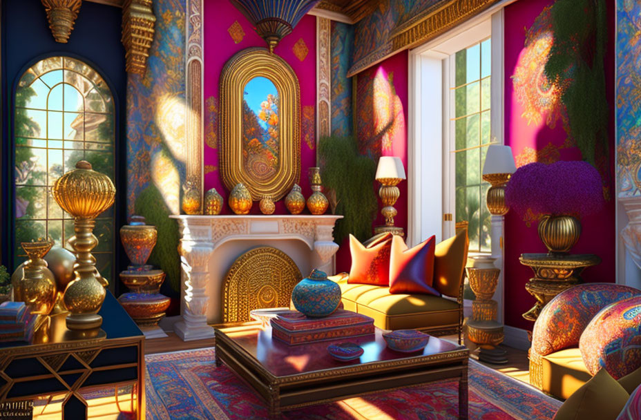 Luxurious Middle-Eastern themed room with vibrant colors and opulent gold accents