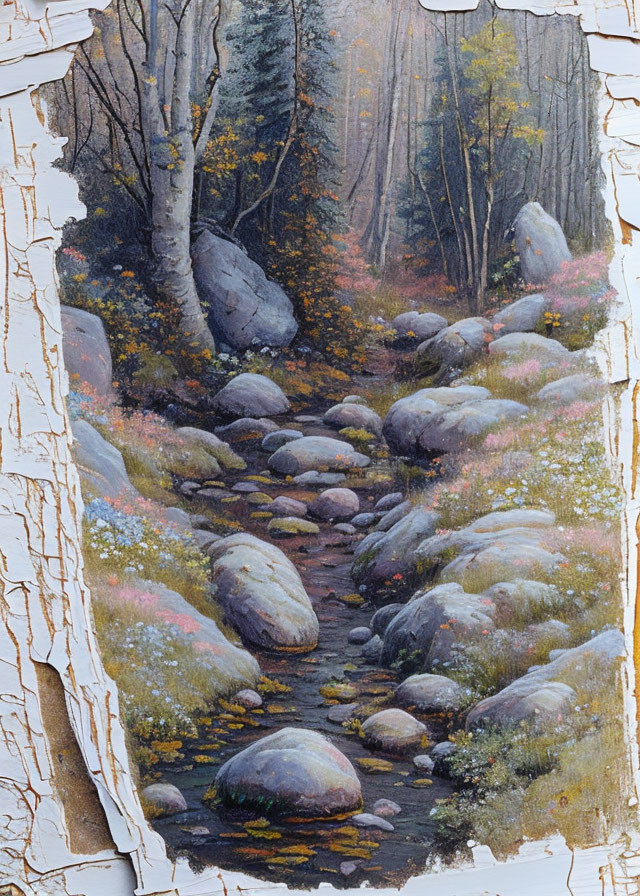 Autumnal forest path painting with scattered rocks and peeling edges