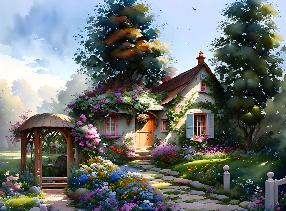 Charming cottage with garden, gazebo, stone pathway, and vibrant flowers