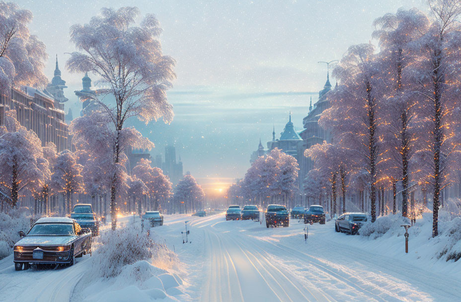 Snowy Street Scene with Illuminated Trees and Cars at Dusk