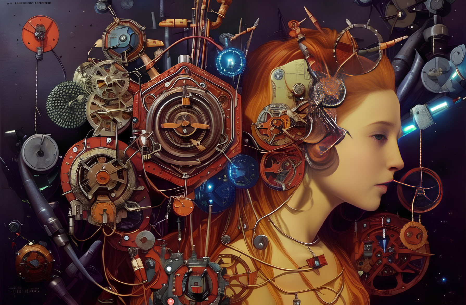 Detailed Digital Artwork: Young Girl Amid Cosmic Machinery