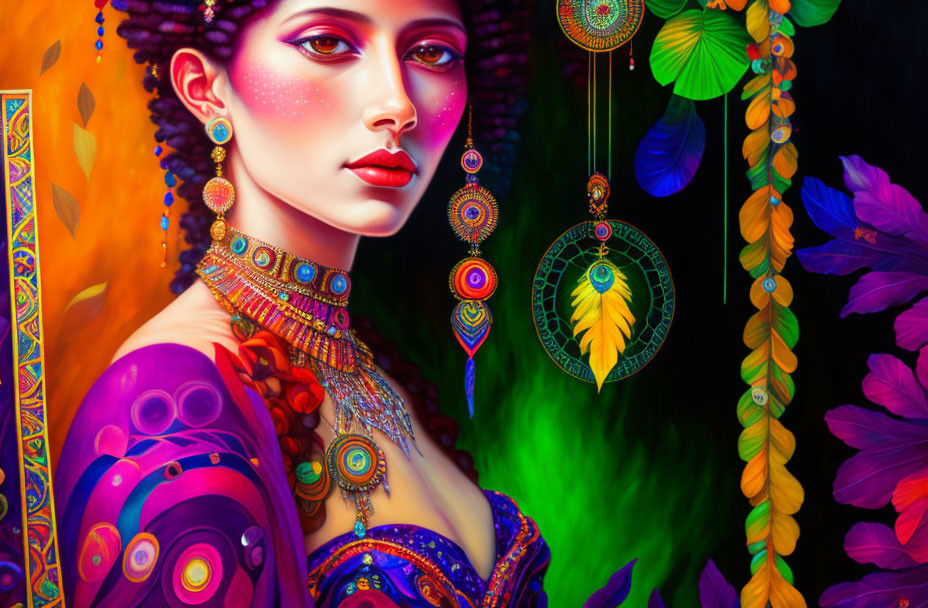 Colorful portrait of a woman with face paint, jewelry, feathers, green backdrop.